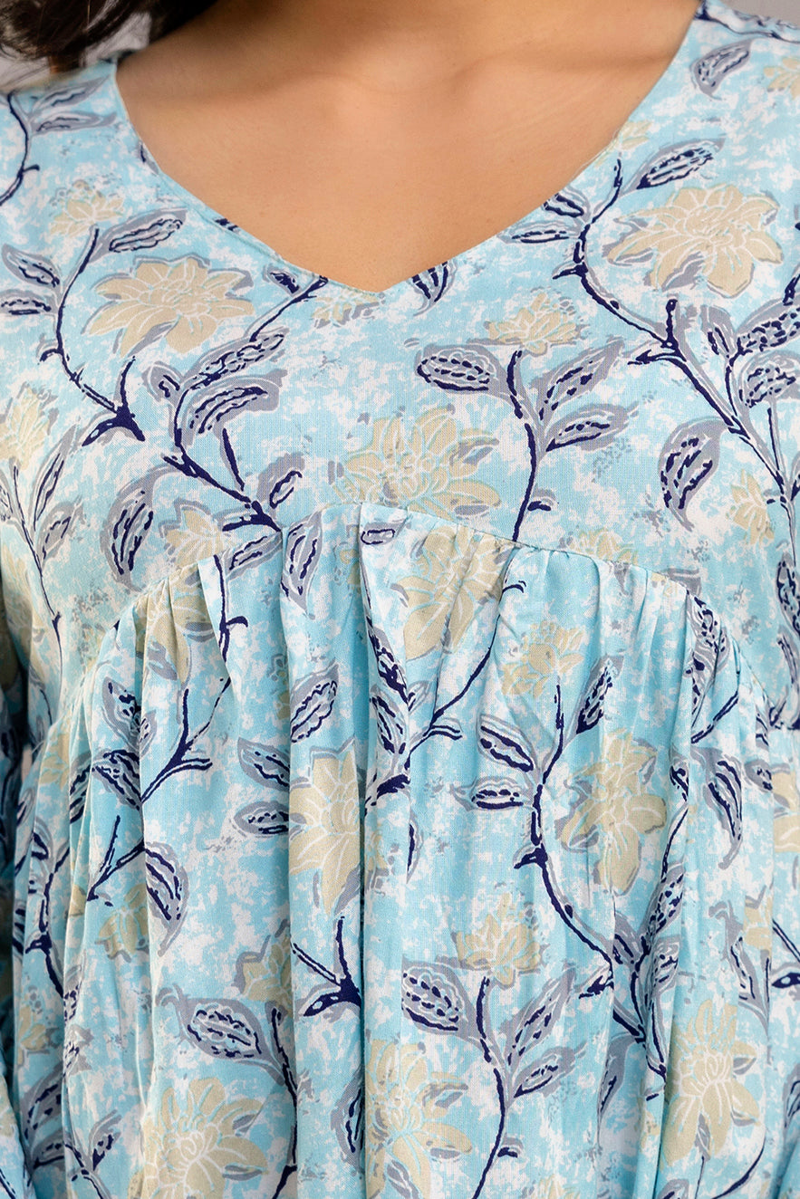 Light Blue Floral Cotton Co-Ord Set for Women (Top & Pants)