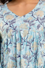 Light Blue Floral Cotton Co-Ord Set for Women (Top & Pants)