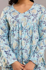 Light Blue Floral Cotton Co-Ord Set for Women (Top & Pants)