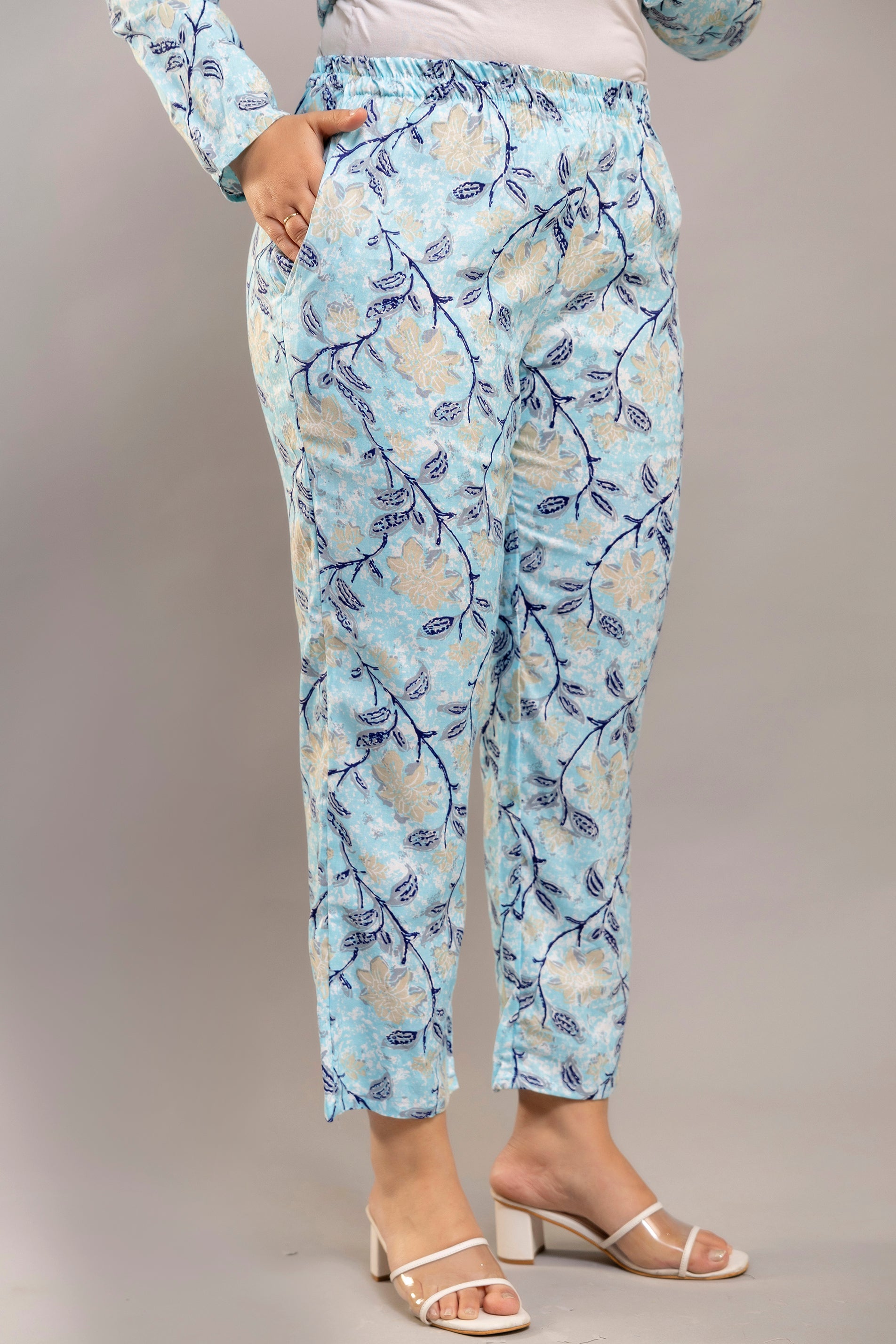 Light Blue Floral Cotton Co-Ord Set for Women (Top & Pants)