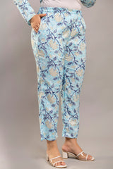 Light Blue Floral Cotton Co-Ord Set for Women (Top & Pants)