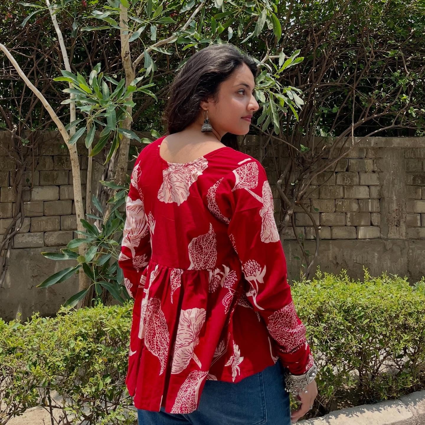 Red Floral Empire Waist Flared Cotton Top for Women