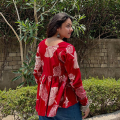 Red Floral Empire Waist Flared Cotton Top for Women