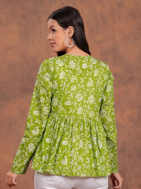 Verdant Bloom Green Floral Cotton Top