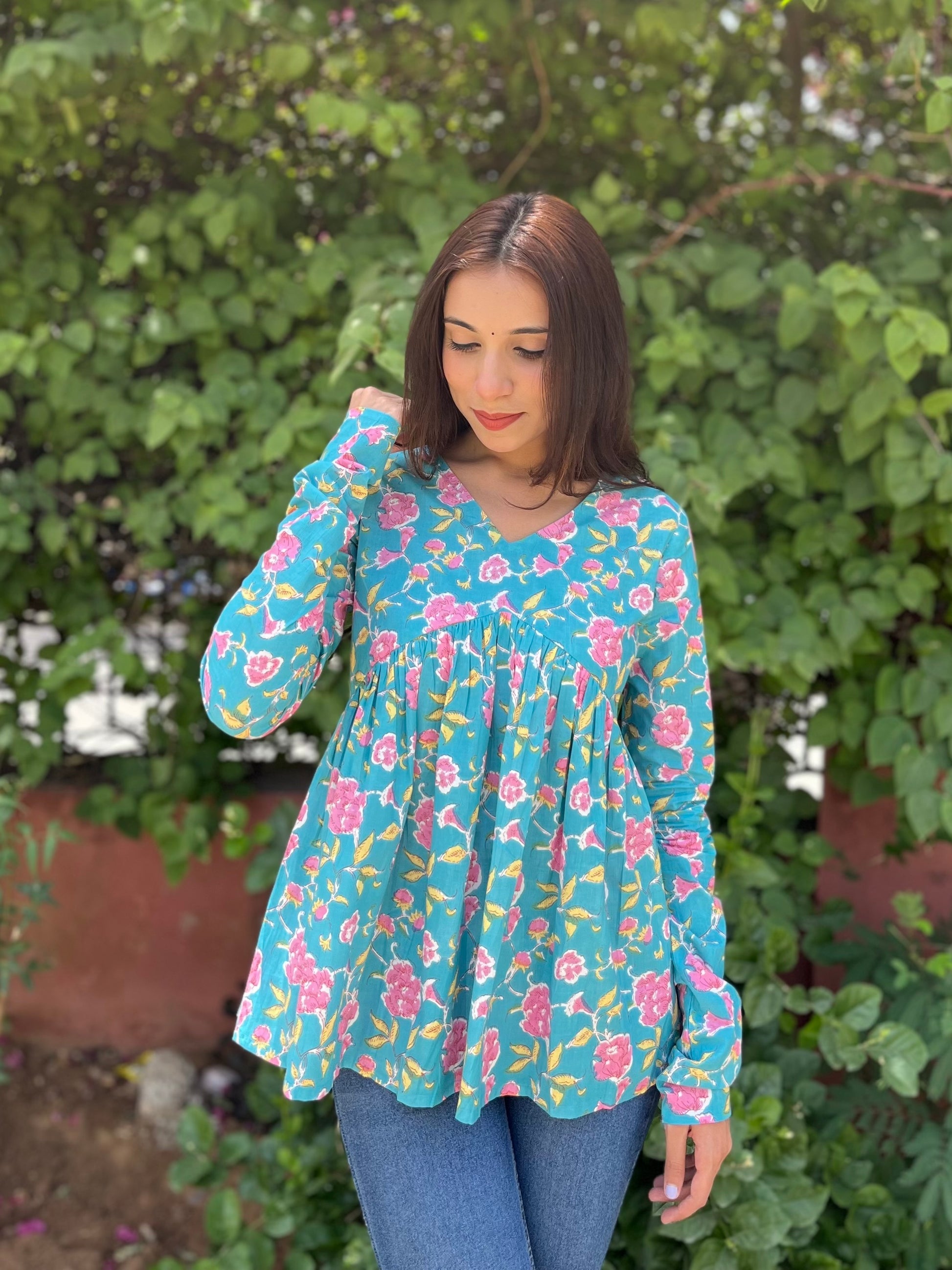 Teal Blossom Cotton Floral Top