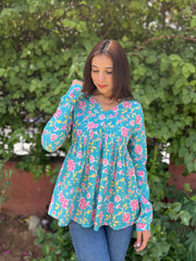 Teal Blossom Cotton Floral Top