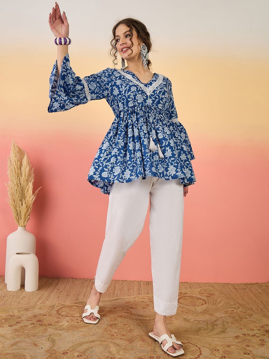 Indigo Bloom Flared Boho Top