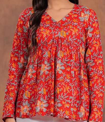 Radiant Red Floral Flare Top