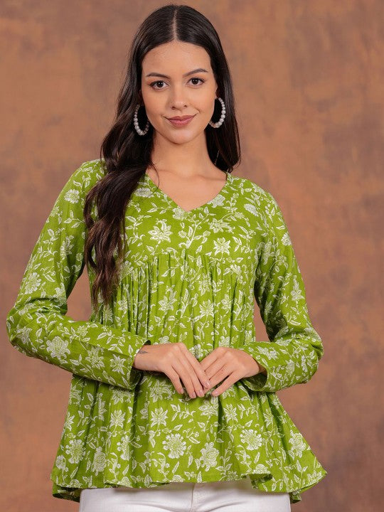 Verdant Bloom Green Floral Cotton Top