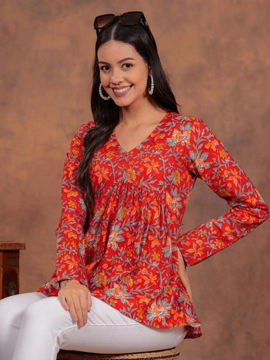 Radiant Red Floral Flare Top