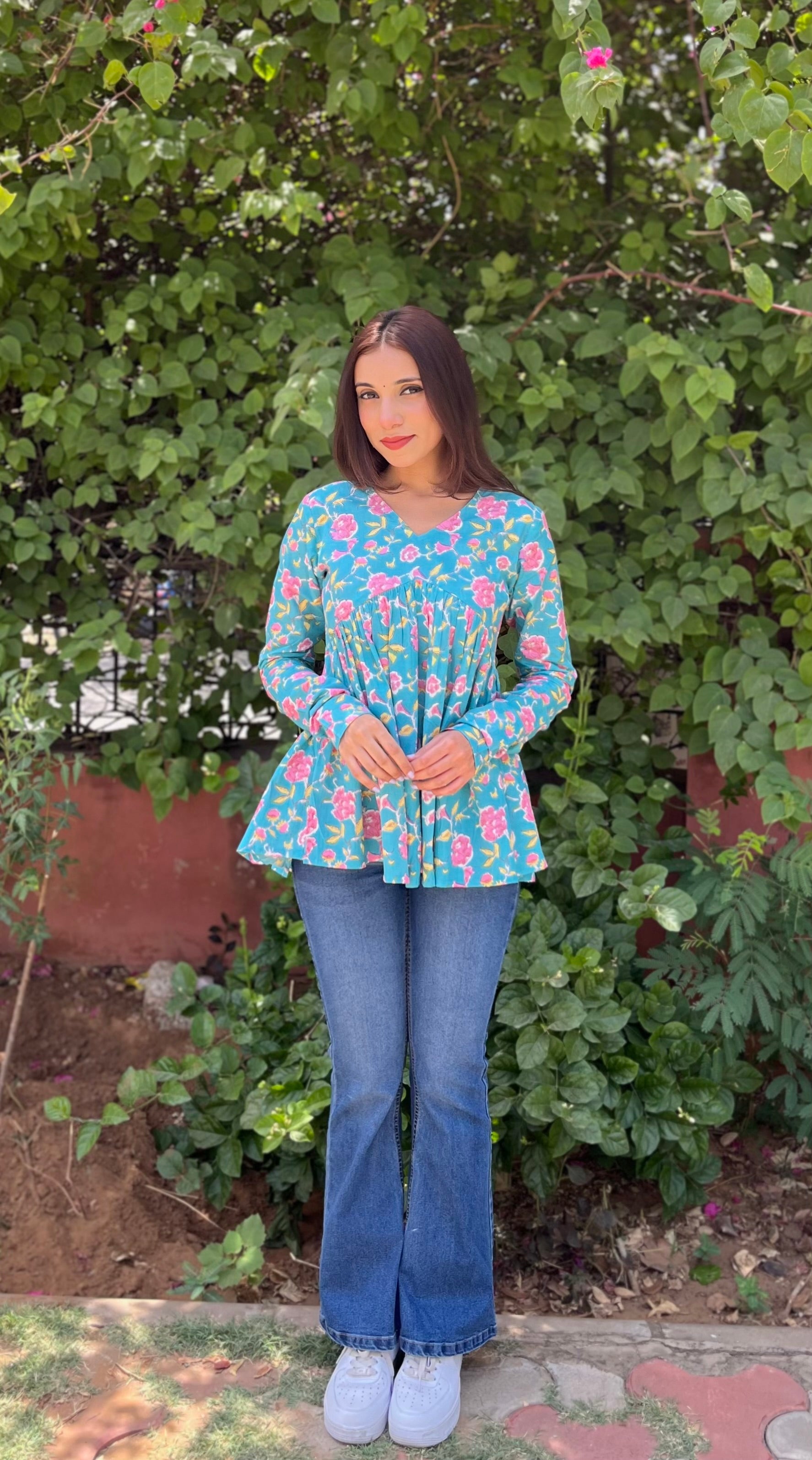 Teal Blossom Cotton Floral Top