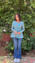 Teal Blossom Cotton Floral Top