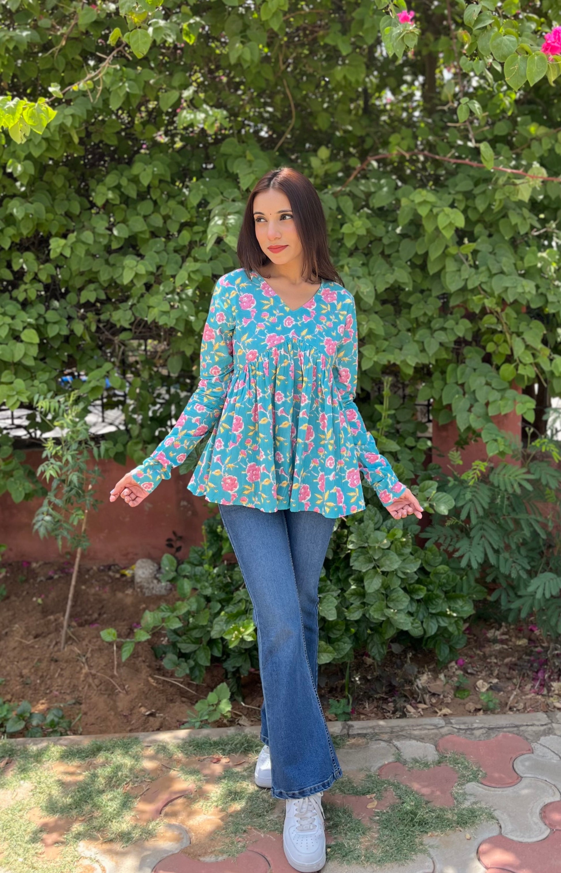 Teal Blossom Cotton Floral Top