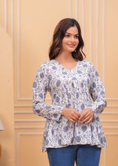 Floral Whisper White Cotton Flared Top