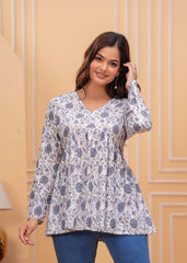 Floral Whisper White Cotton Flared Top