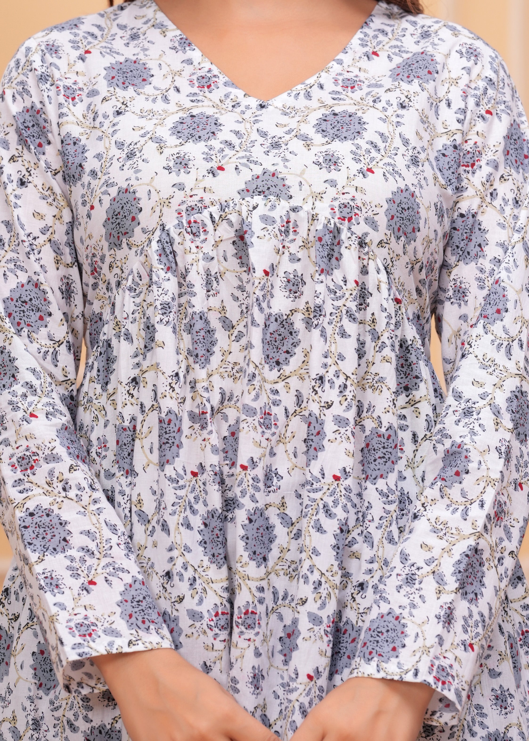 Floral Whisper White Cotton Flared Top