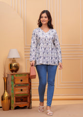 Floral Whisper White Cotton Flared Top