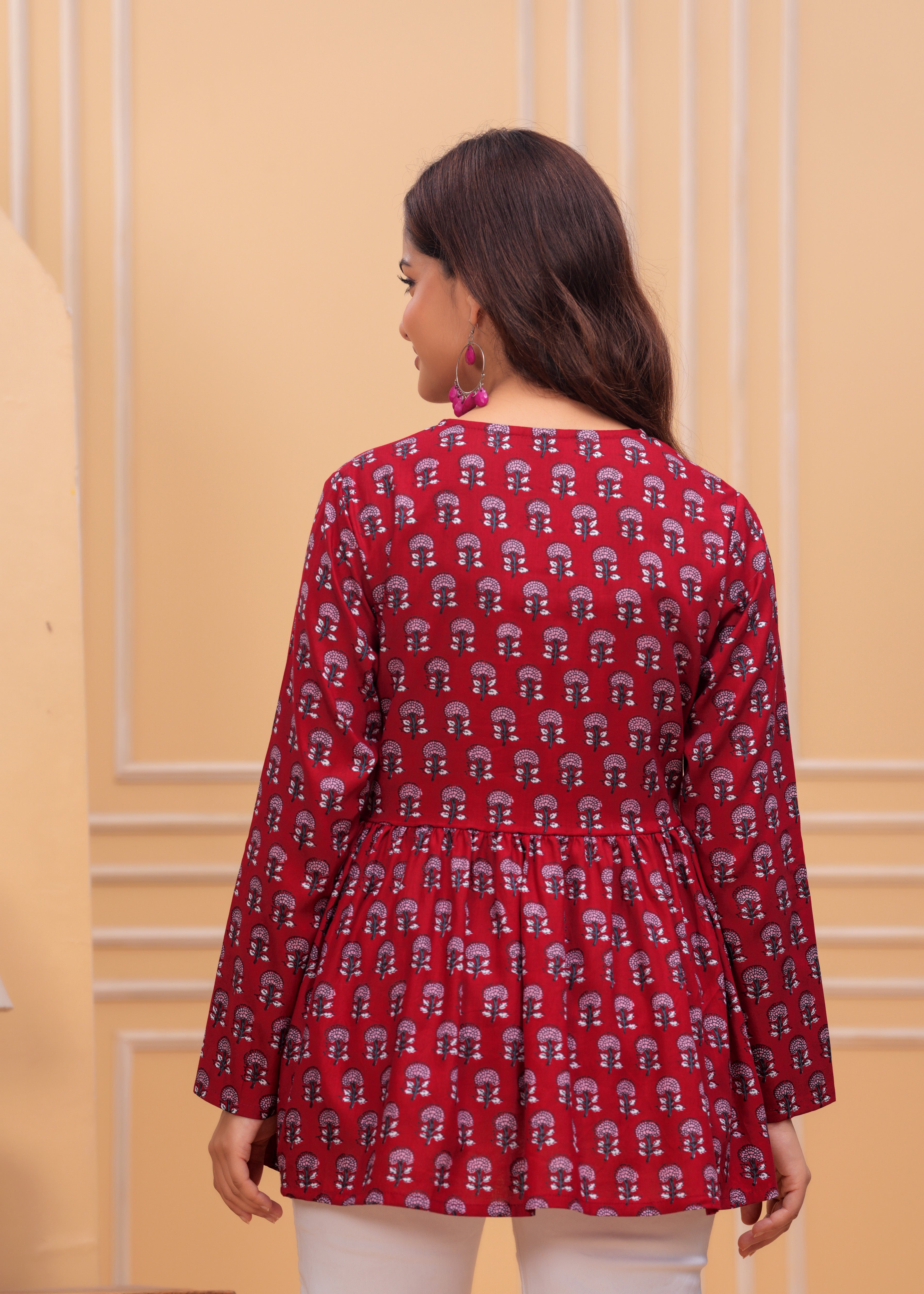 Maroon Handblock Printed Cotton Top for Women – Full Sleeves V-Neck Kurti Style