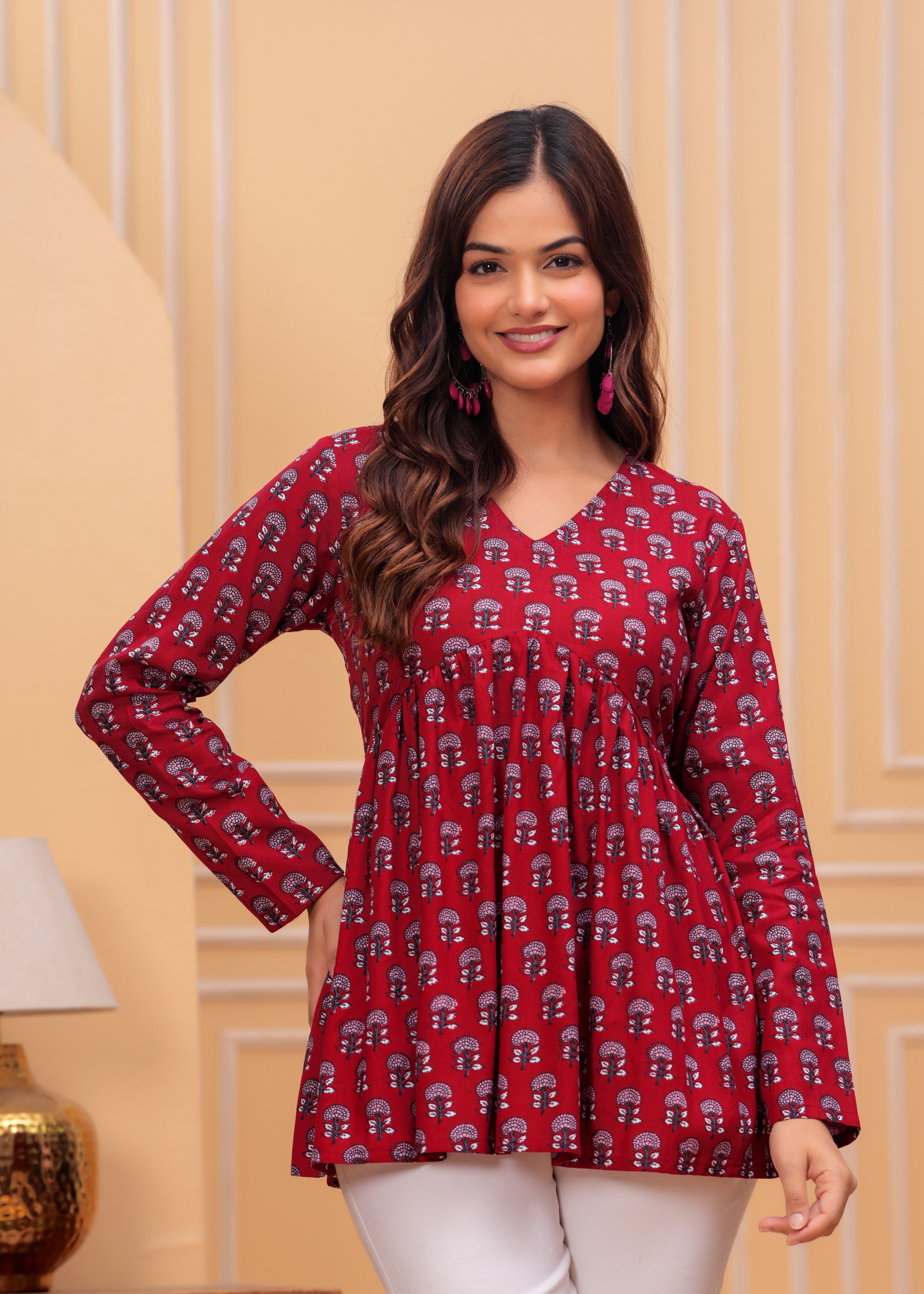 Maroon Handblock Printed Cotton Top for Women – Full Sleeves V-Neck Kurti Style
