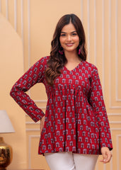 Maroon Handblock Printed Cotton Top for Women – Full Sleeves V-Neck Kurti Style