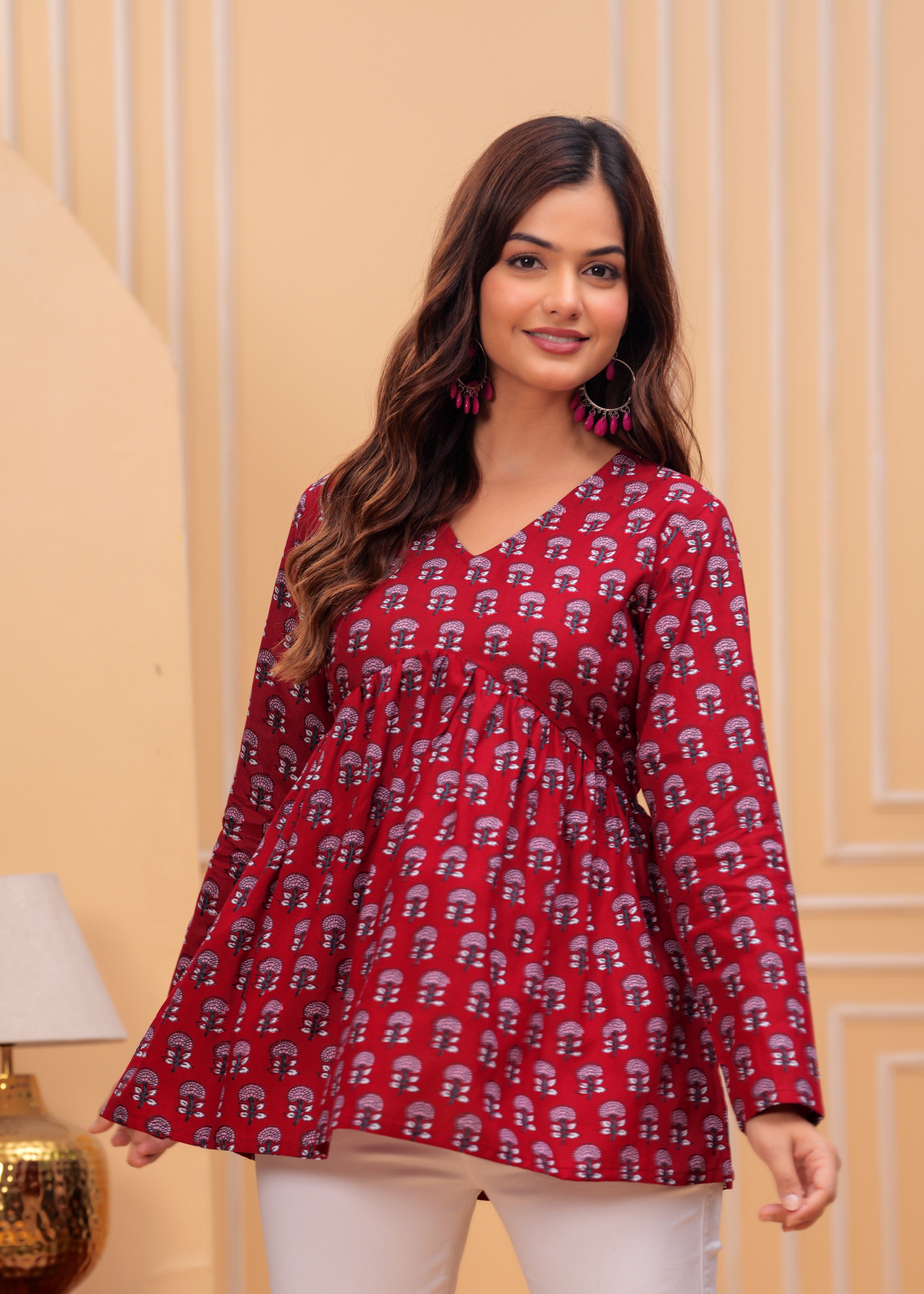Maroon Handblock Printed Cotton Top for Women – Full Sleeves V-Neck Kurti Style