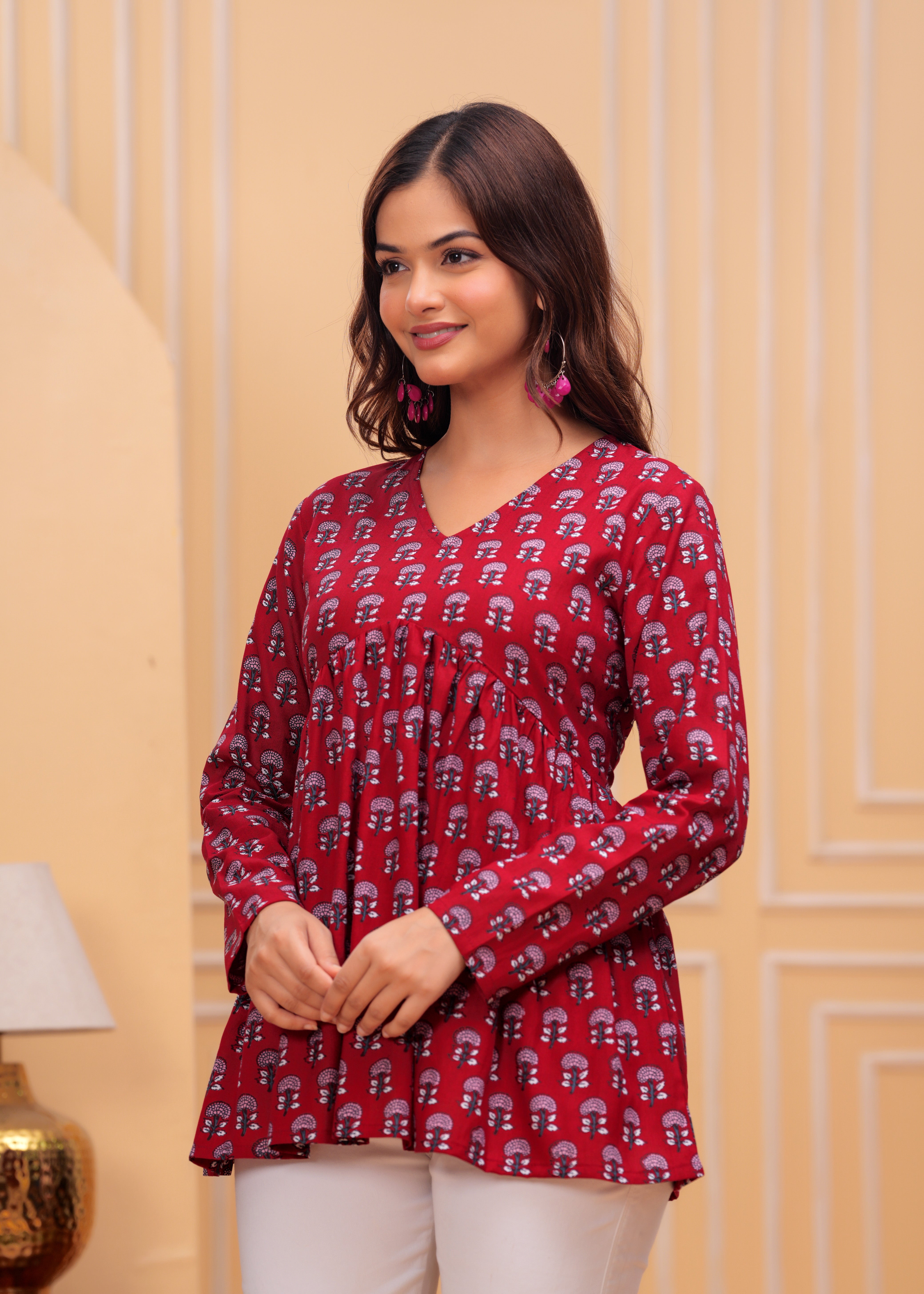 Maroon Handblock Printed Cotton Top for Women – Full Sleeves V-Neck Kurti Style