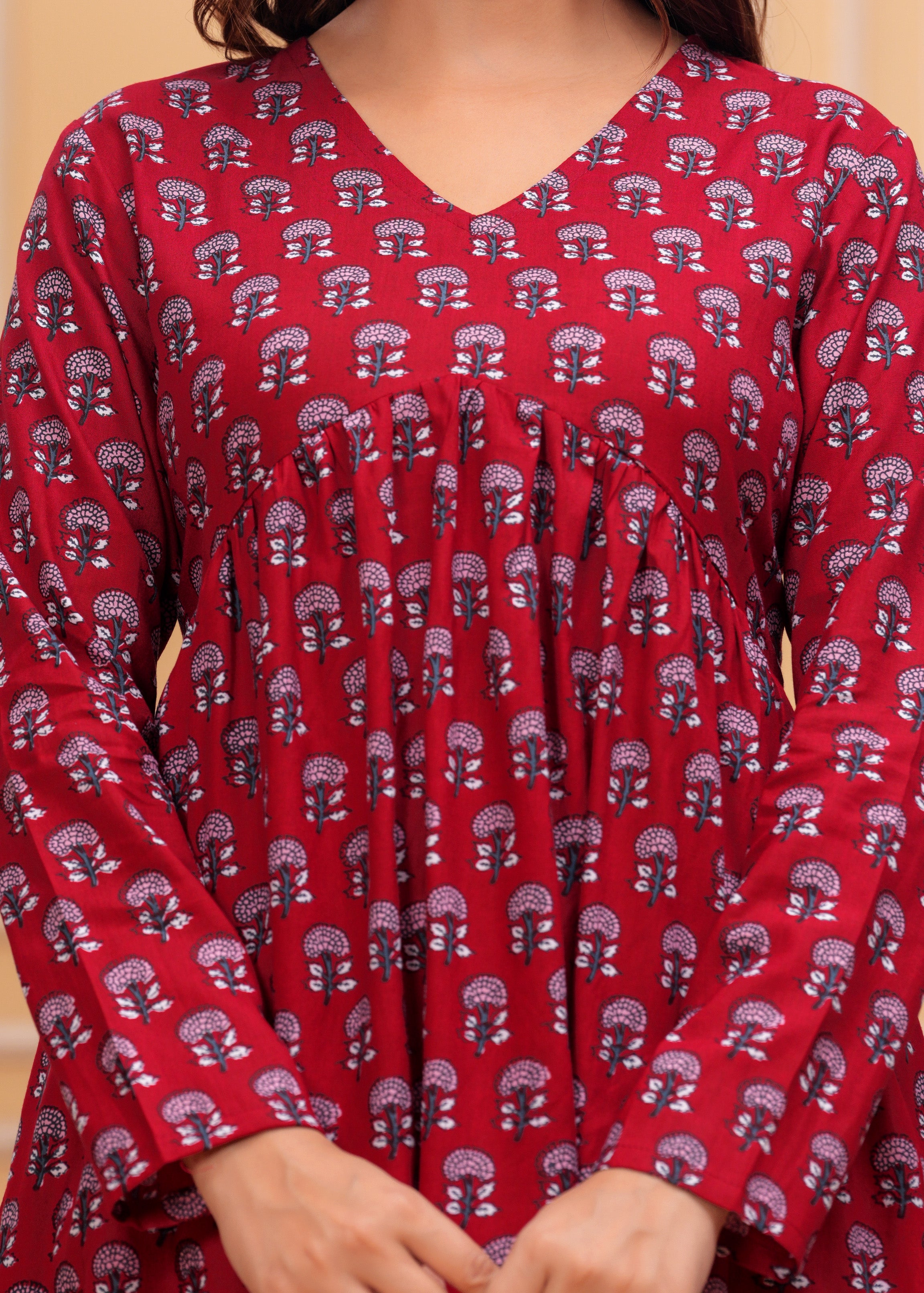 Maroon Handblock Printed Cotton Top for Women – Full Sleeves V-Neck Kurti Style