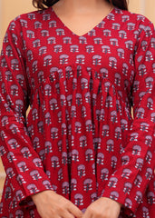Maroon Handblock Printed Cotton Top for Women – Full Sleeves V-Neck Kurti Style