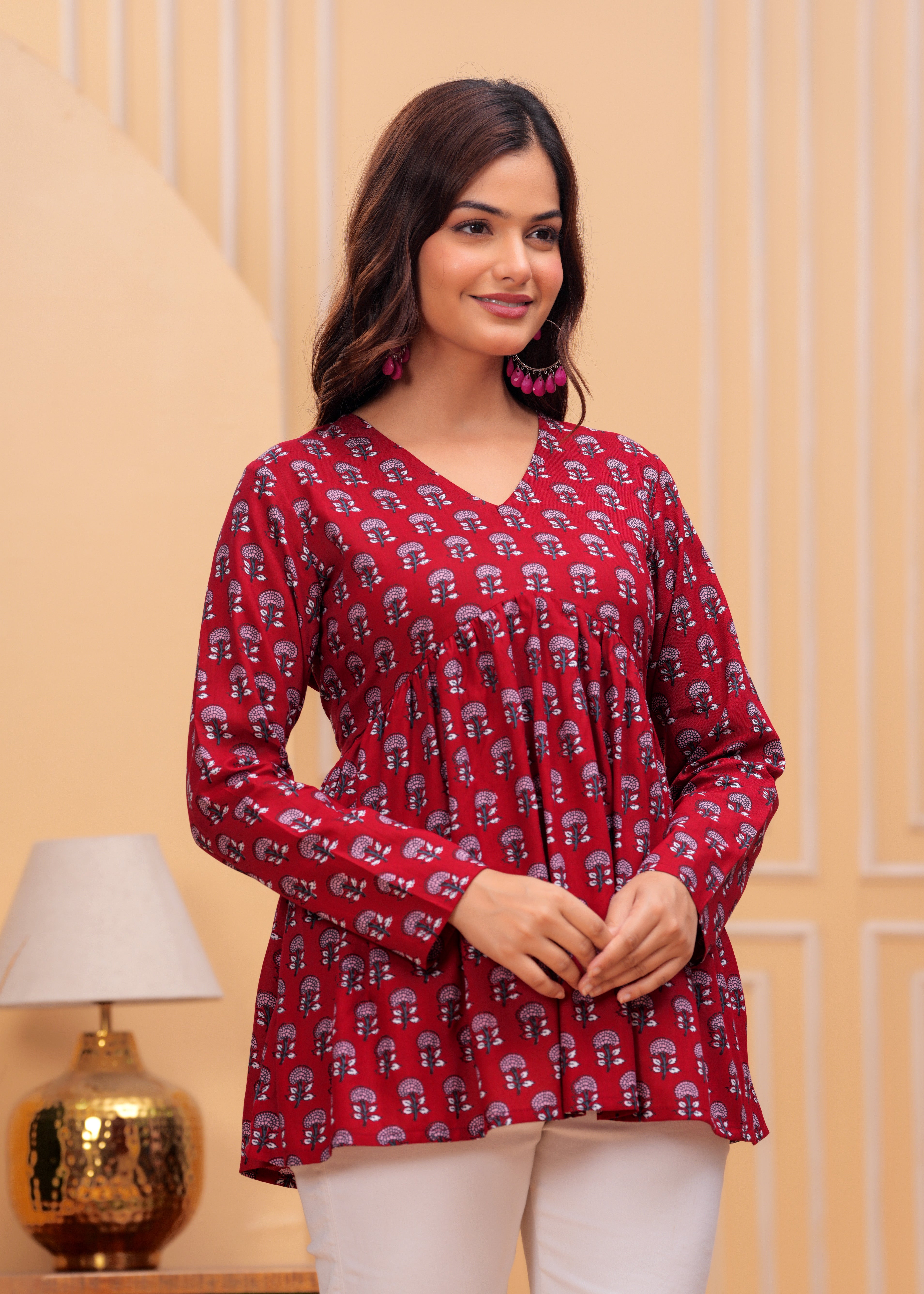 Maroon Handblock Printed Cotton Top for Women – Full Sleeves V-Neck Kurti Style