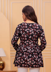 Midnight Blossom Black Cotton Flared Top