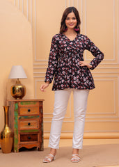 Midnight Blossom Black Cotton Flared Top