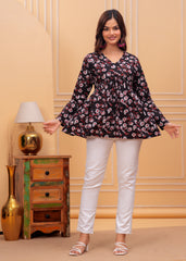Midnight Blossom Black Cotton Flared Top