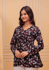 Midnight Blossom Black Cotton Flared Top