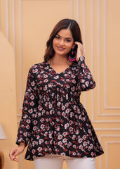 Midnight Blossom Black Cotton Flared Top