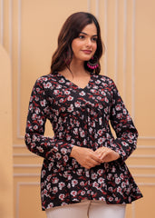 Midnight Blossom Black Cotton Flared Top
