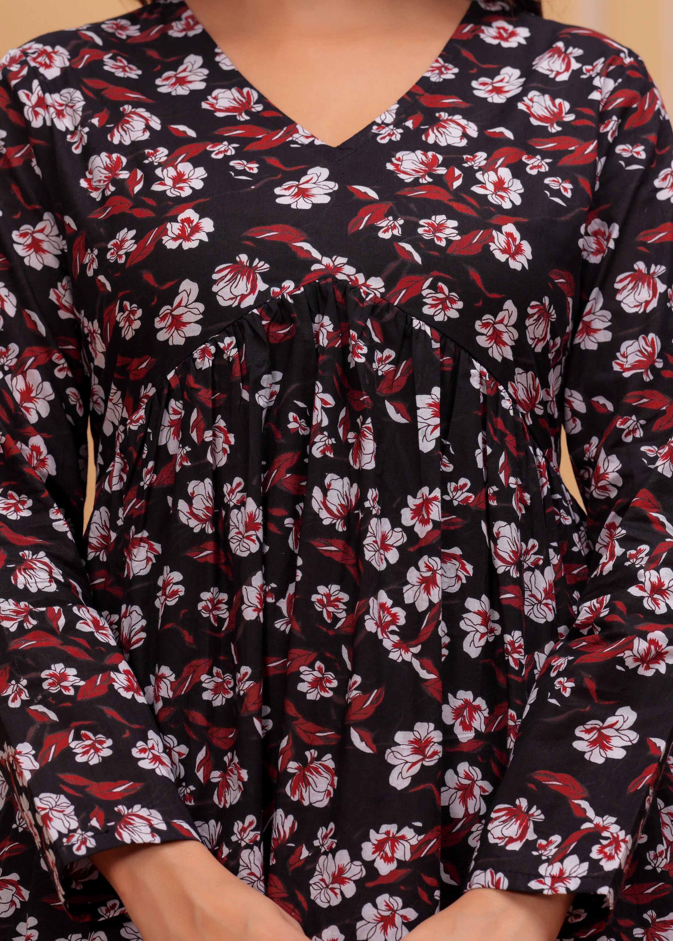 Midnight Blossom Black Cotton Flared Top