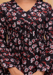 Midnight Blossom Black Cotton Flared Top