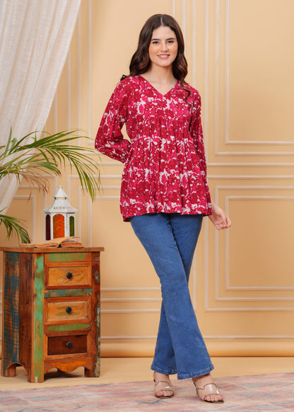 Crimson Red Floral Cotton Top – V-Neck Flared Tunic