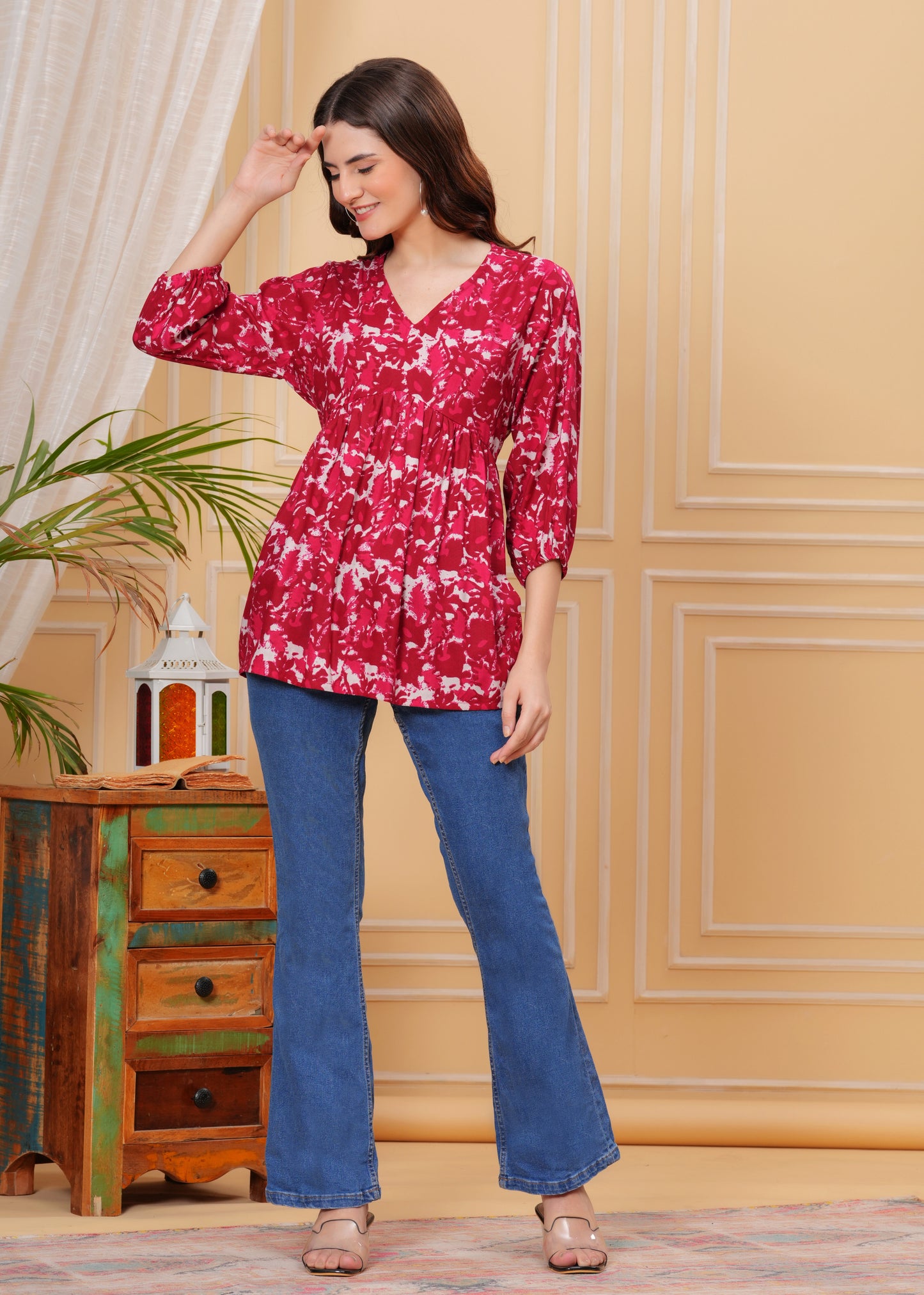 Crimson Red Floral Cotton Top – V-Neck Flared Tunic
