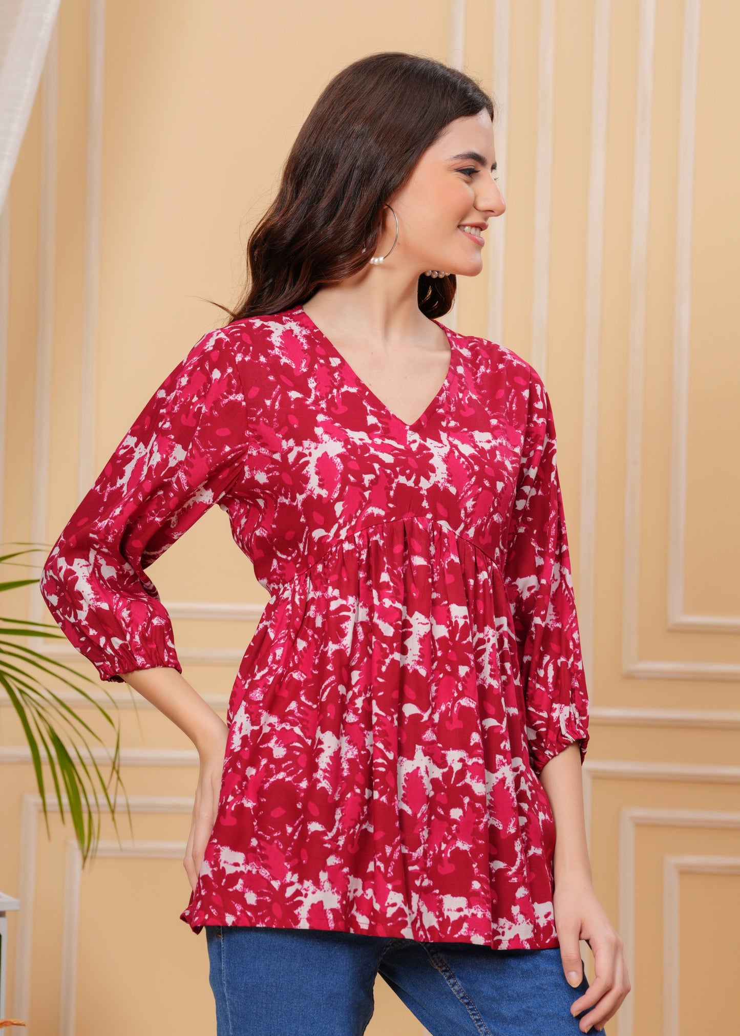 Crimson Red Floral Cotton Top – V-Neck Flared Tunic