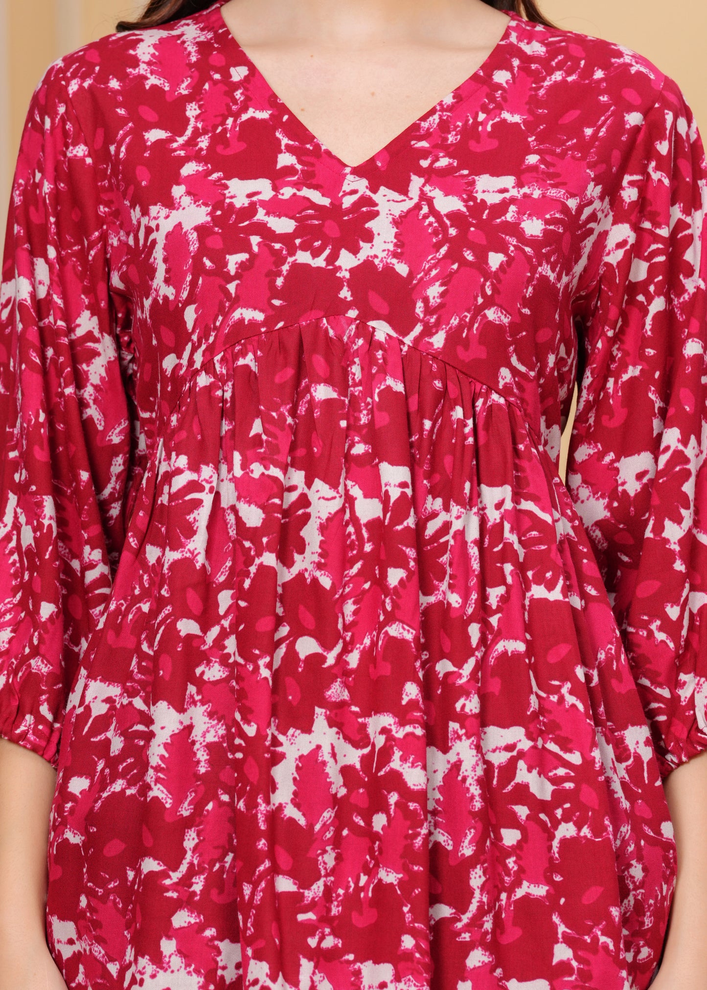 Crimson Red Floral Cotton Top – V-Neck Flared Tunic