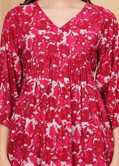 Crimson Red Floral Cotton Top – V-Neck Flared Tunic