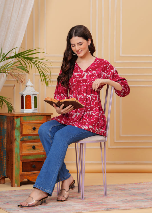 Crimson Red Floral Cotton Top – V-Neck Flared Tunic
