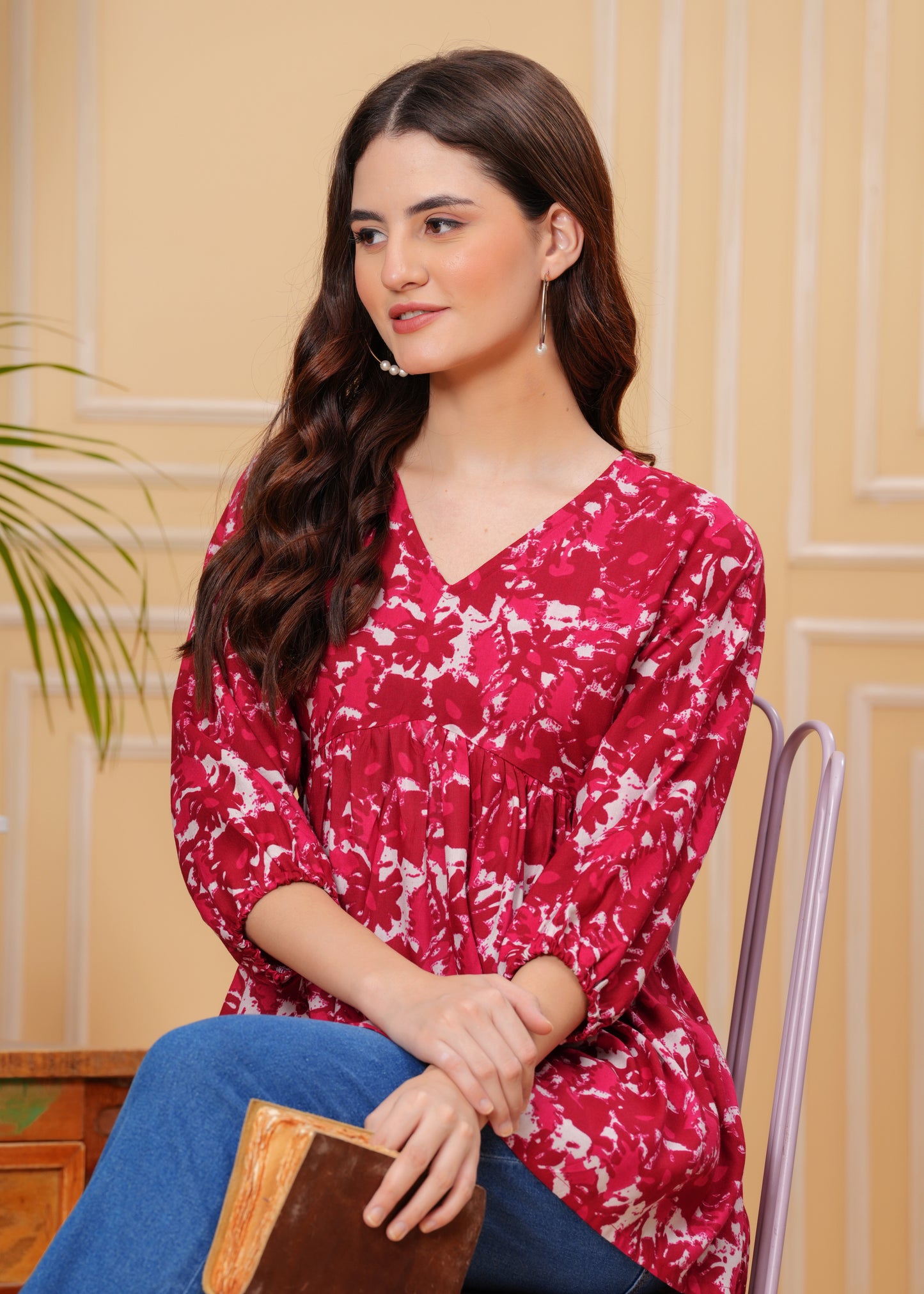 Crimson Red Floral Cotton Top – V-Neck Flared Tunic
