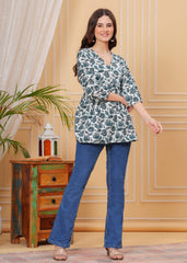 White & Teal Floral Cotton Top – V-Neck Casual Tunic