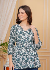 White & Teal Floral Cotton Top – V-Neck Casual Tunic
