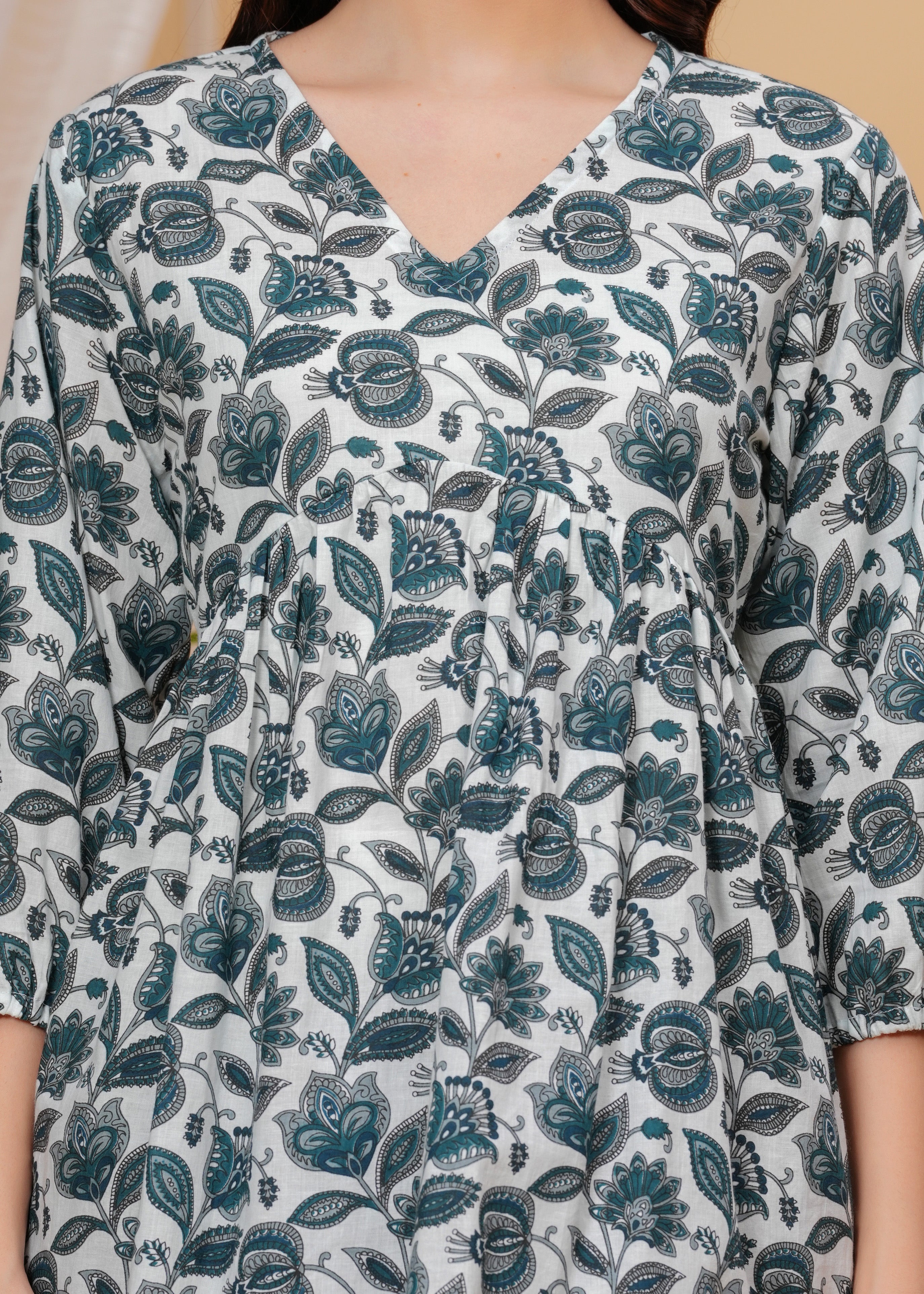 White & Teal Floral Cotton Top – V-Neck Casual Tunic