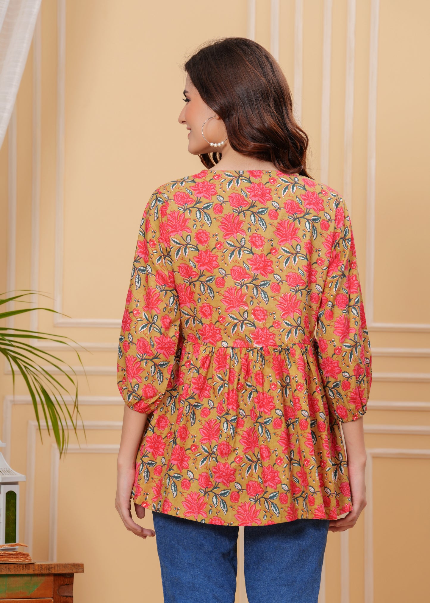 Mustard Floral Cotton V-Neck Casual Top