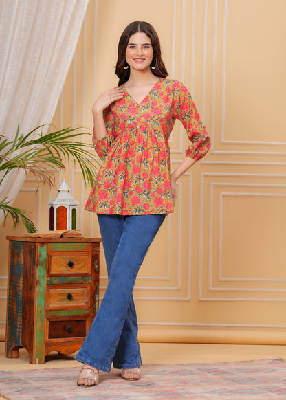 Mustard Floral Cotton V-Neck Casual Top