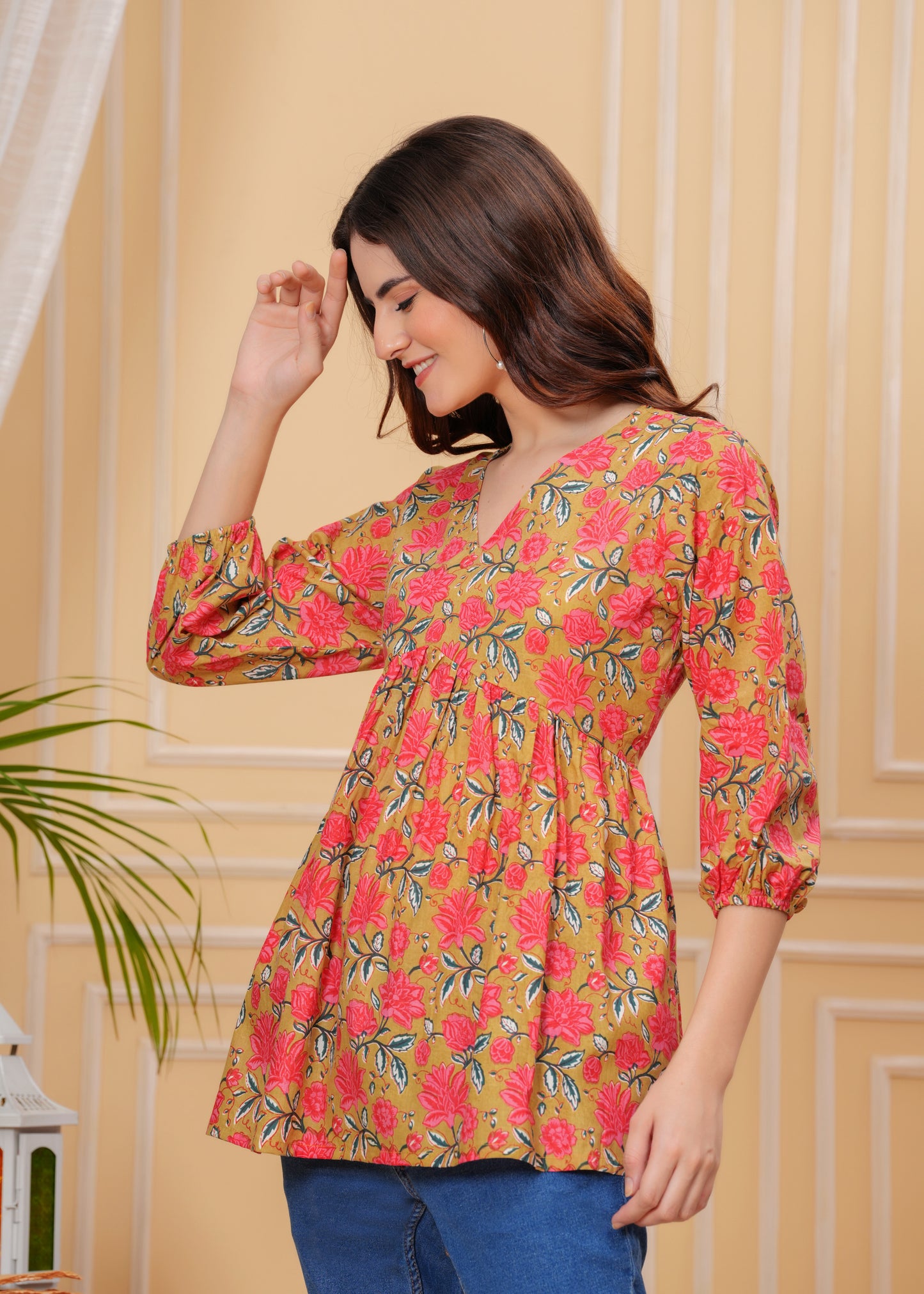 Mustard Floral Cotton V-Neck Casual Top